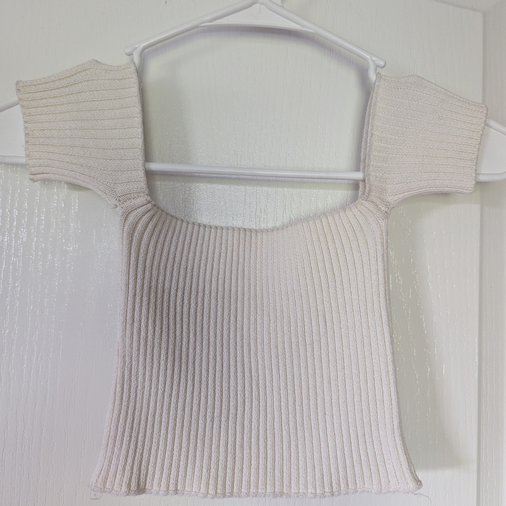 Cream Ribbed Crop Top with Square Neckline